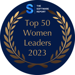 Badge for the Top 50 Women Leaders in SaaS 2023 list by The Software Report.